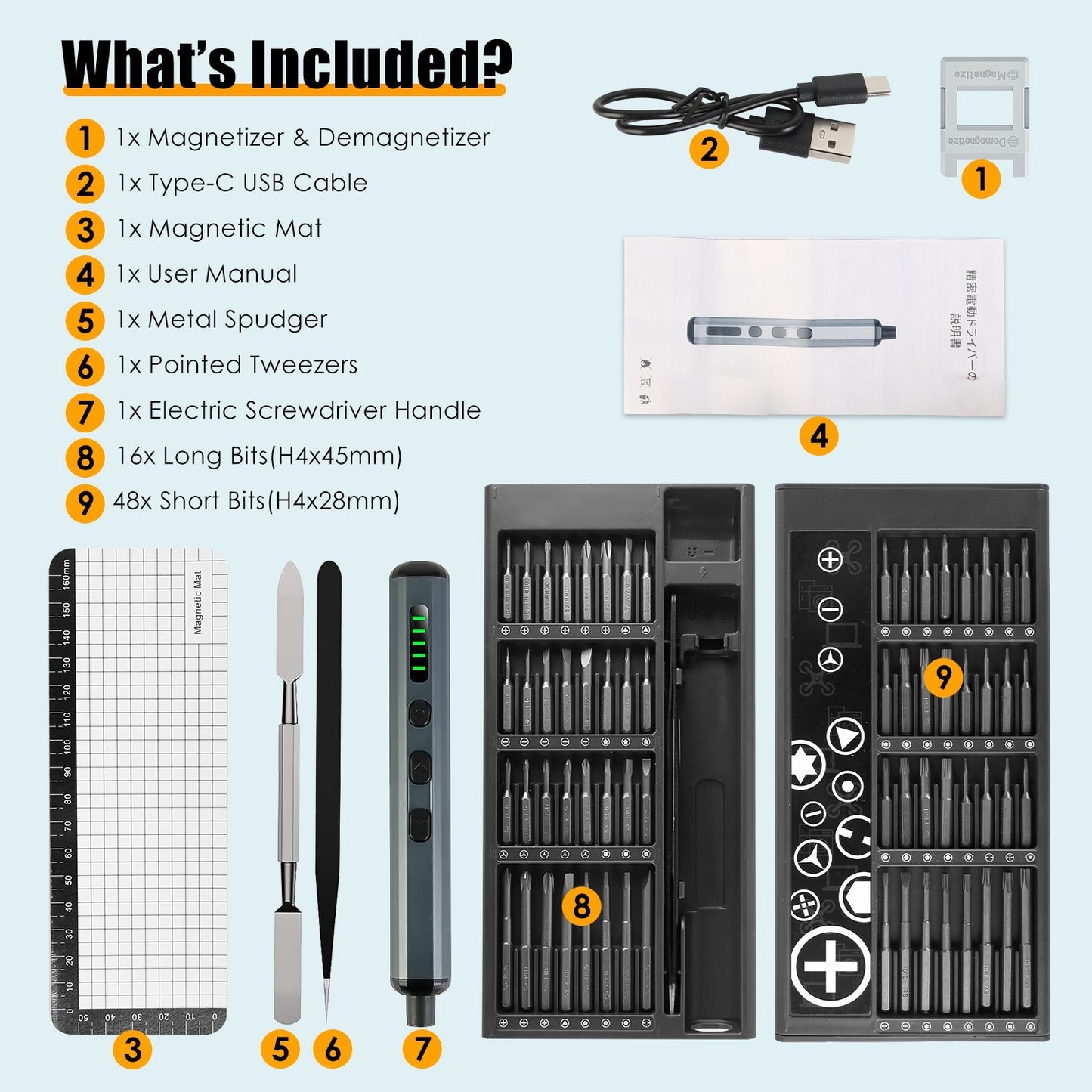 1Set 70 In 1 3.7V Mini Electric Screwdriver Kit Rechargeable Magnetic Repair Tool Kit With 5 Torque Settings 64 S2 Precision Bits 4 LED Lights For Phone Camera Laptop Watch Repair