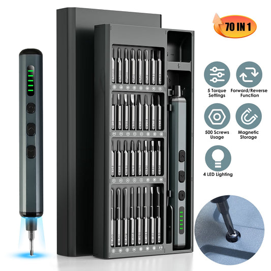 1Set 70 In 1 3.7V Mini Electric Screwdriver Kit Rechargeable Magnetic Repair Tool Kit With 5 Torque Settings 64 S2 Precision Bits 4 LED Lights For Phone Camera Laptop Watch Repair